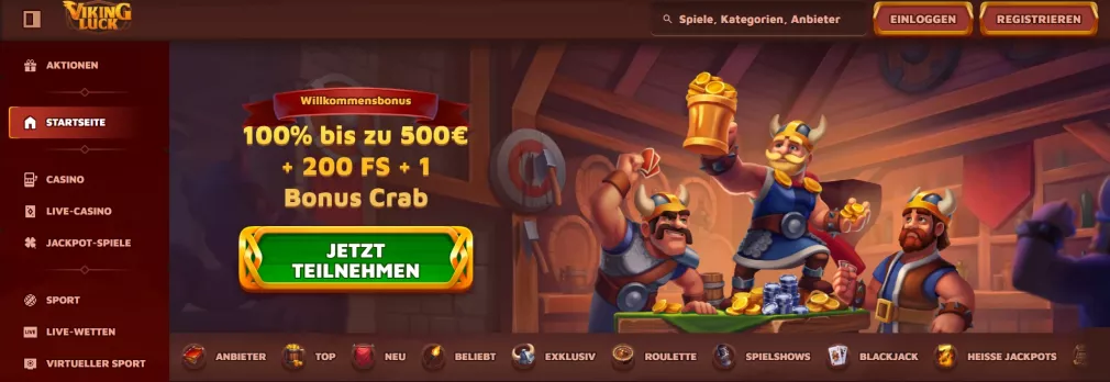 Vikingluck Casino – 100% bis zu 500 € + 200 Freispiele + 1 Bonus Crab Willkommensbonus